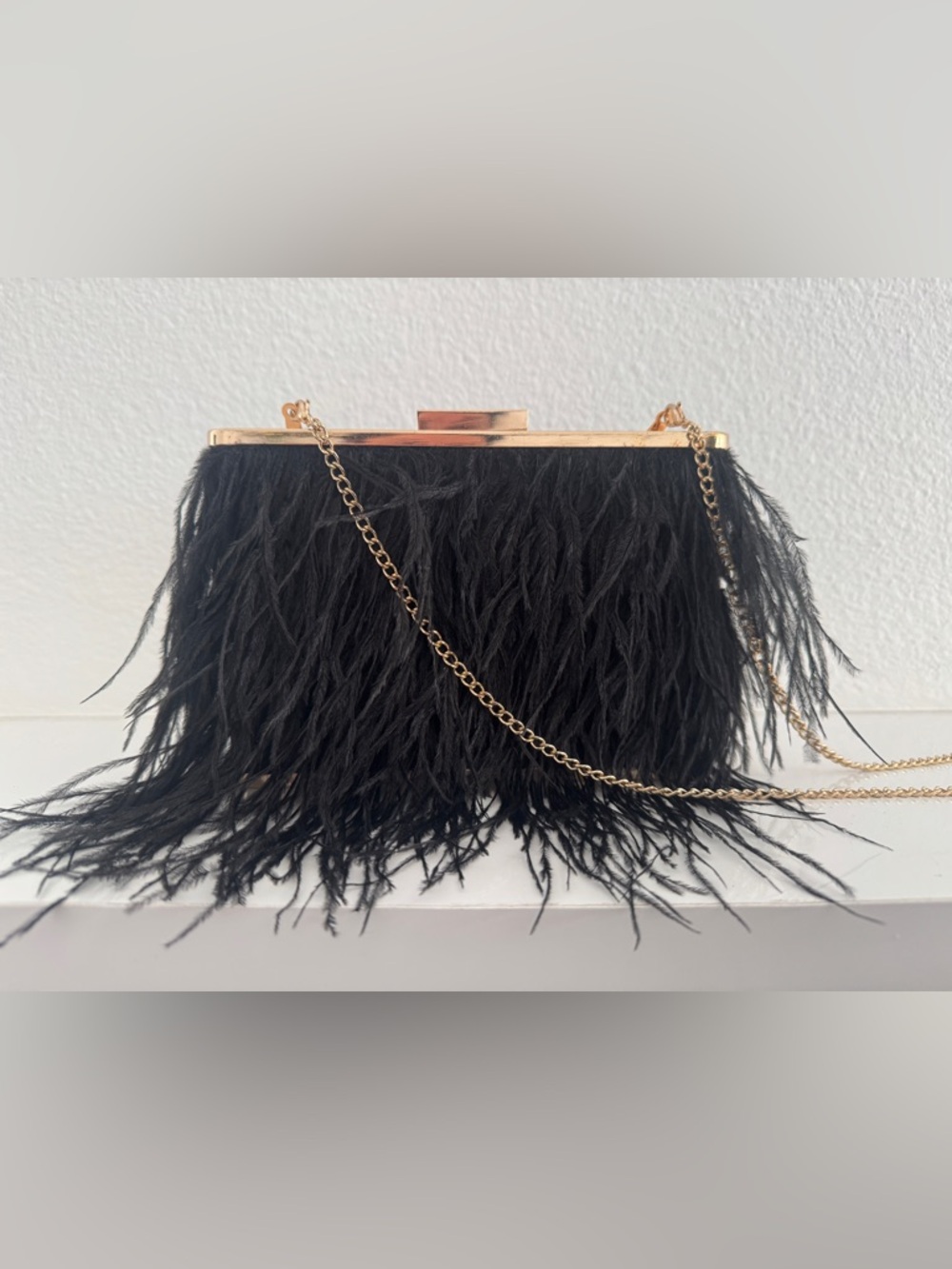 Olga Berg Black Feather Frame Clutch with Gold Chain
